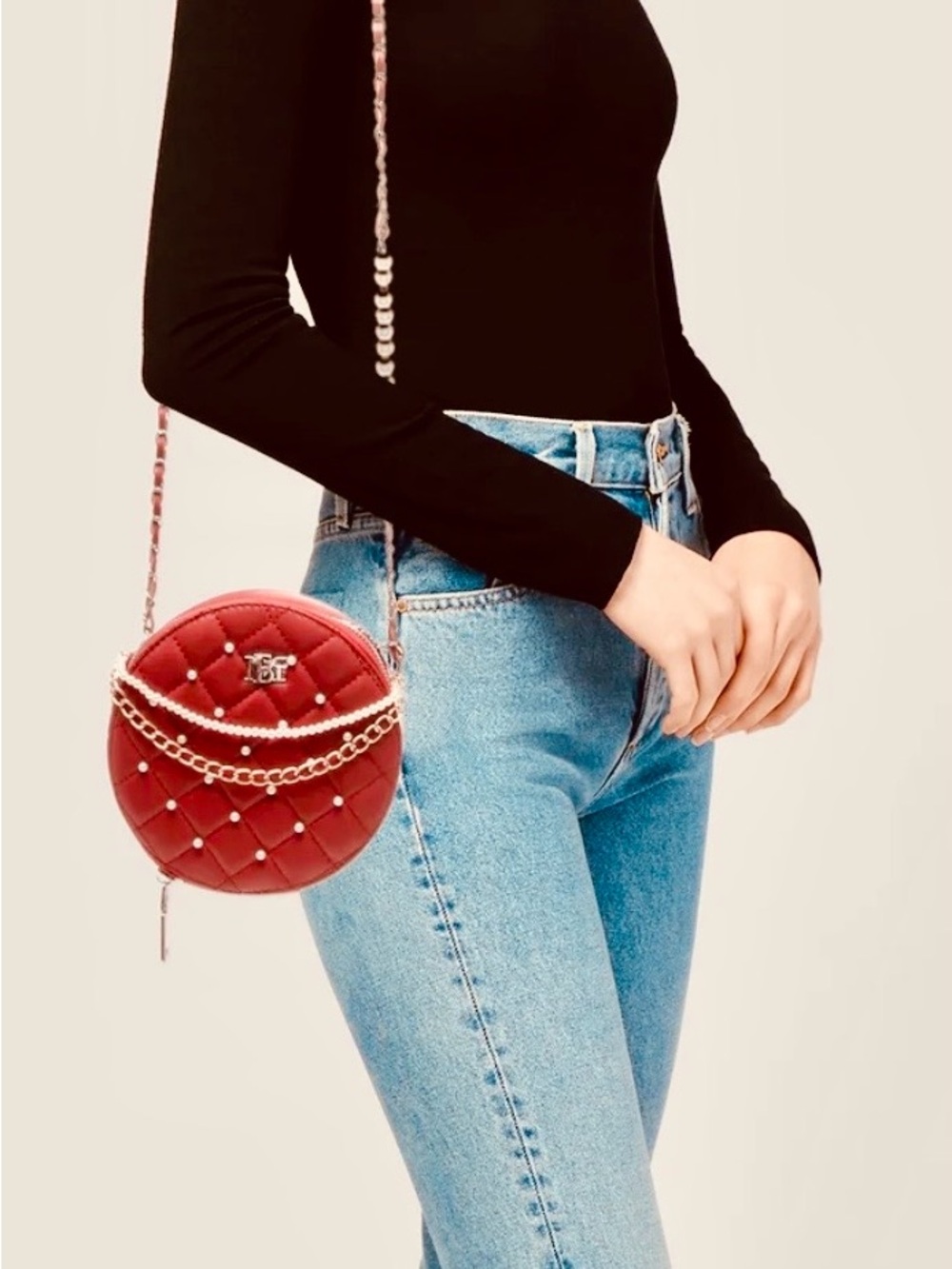 Badgley Mischka Diamond Quilted Round Crossbody Bag in red & silver w/pearls NWT - Picture 6 of 6